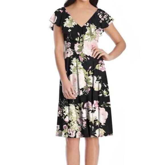 After Six Lux Chiffon Ruffle V-Neck Floral Dress Black 12 NWT - Picture 1 of 12